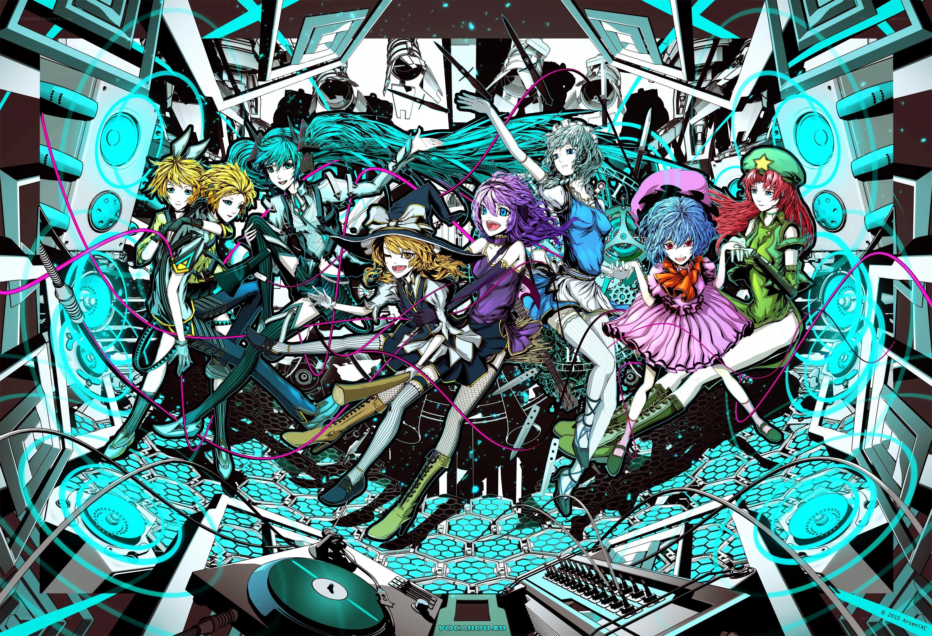 Vocaloid characters in a futuristic setting
