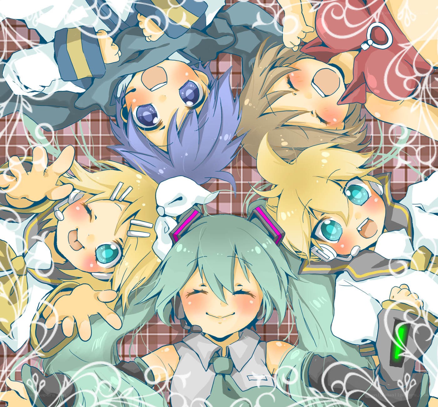 Vocaloid characters in a group hug