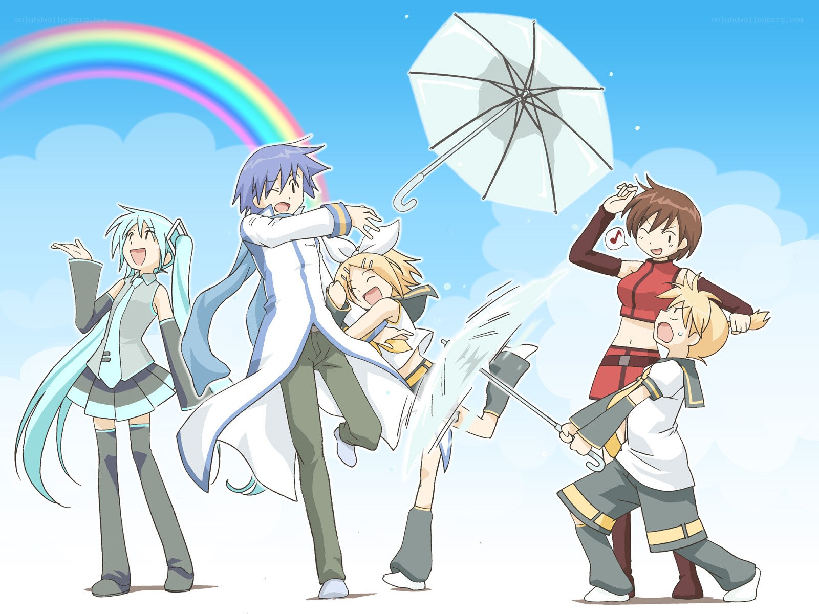 Vocaloid characters in a playful scene
