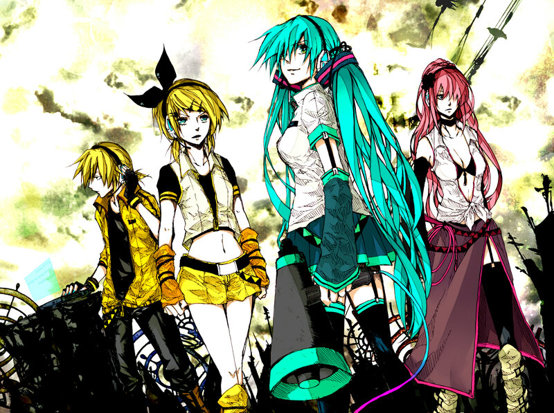Vocaloid characters in a post-apocalyptic scene