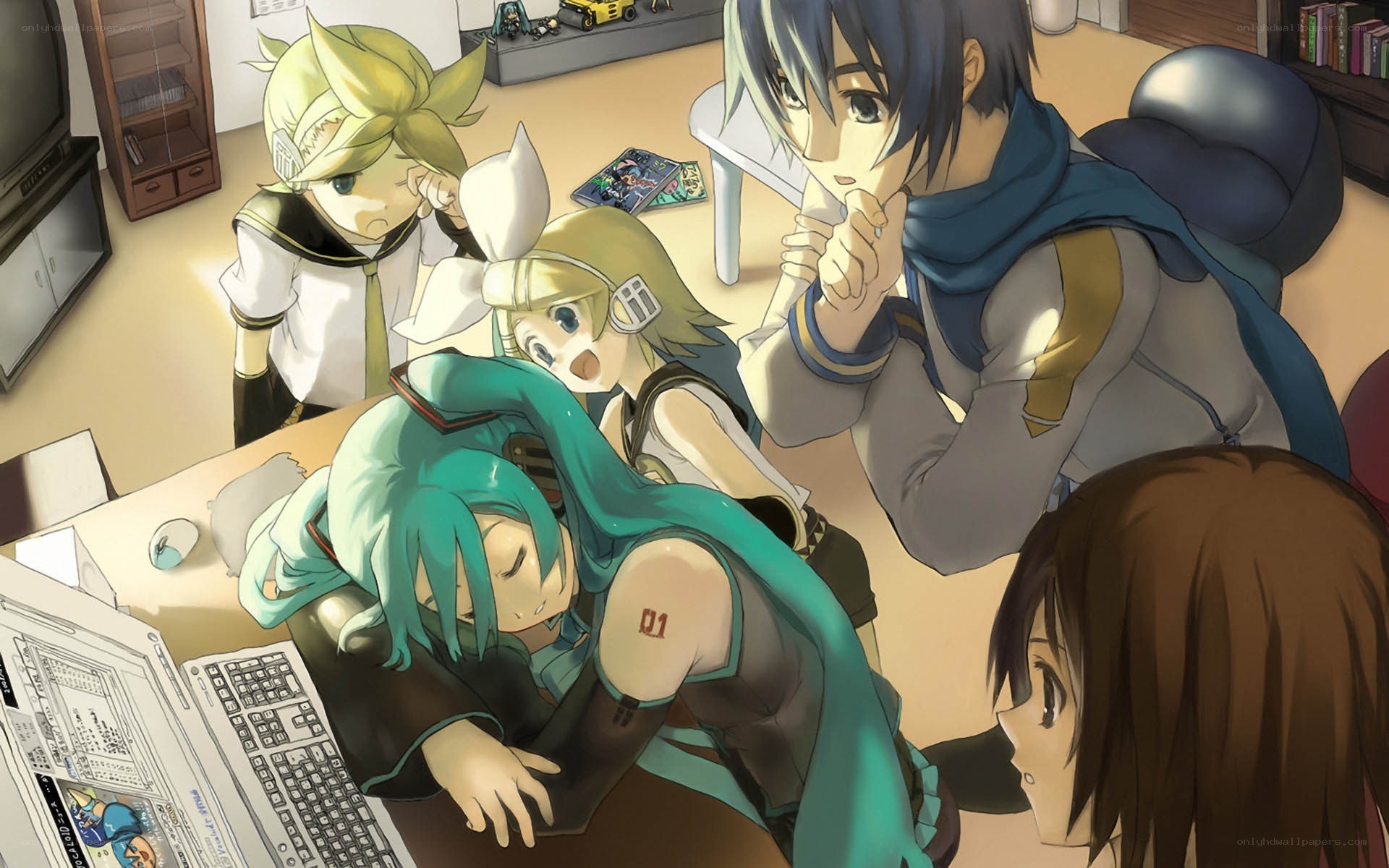 Vocaloid characters in a room
