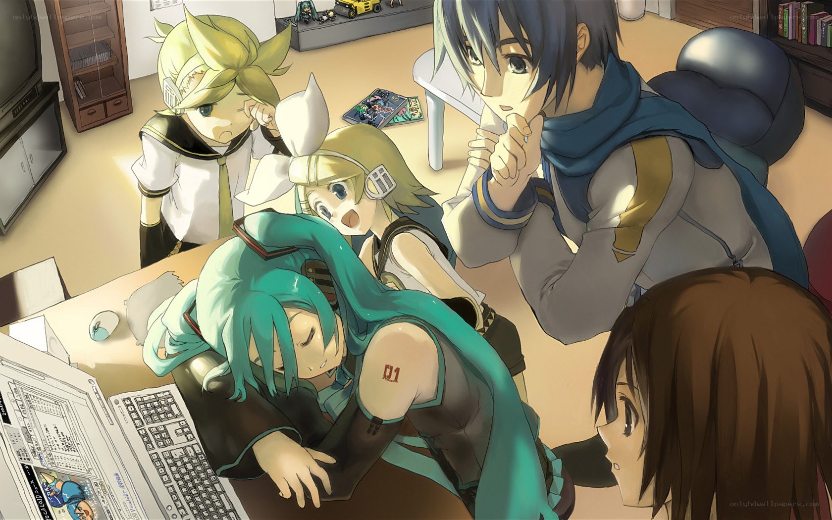 Vocaloid characters in a room