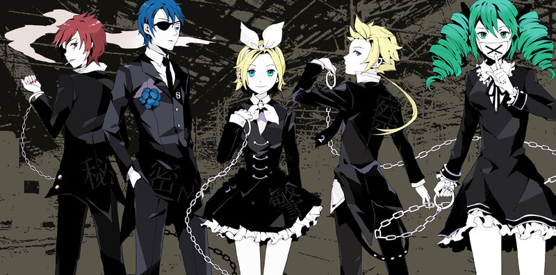 Vocaloid characters in black suits