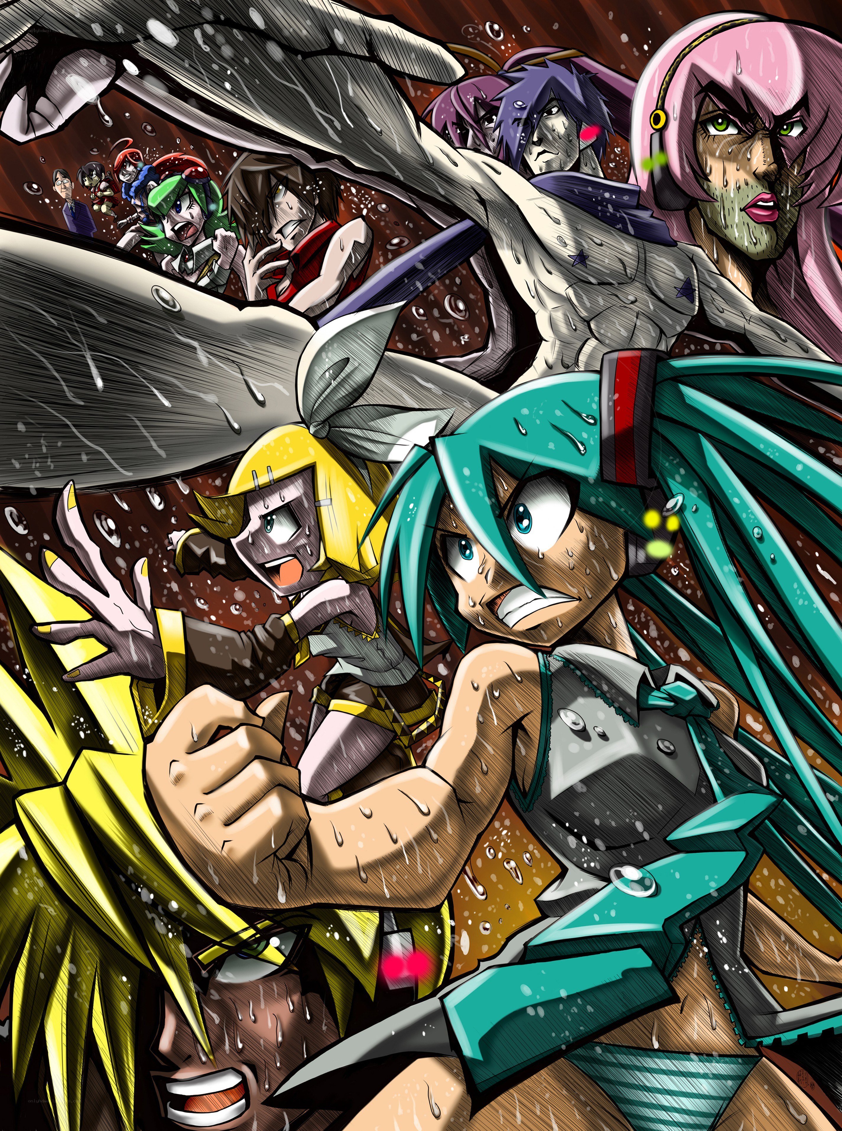 Vocaloid characters in chaotic scene