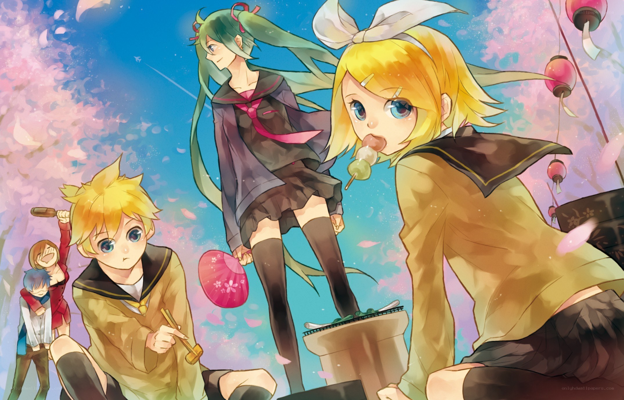 Vocaloid characters in cherry blossom scene