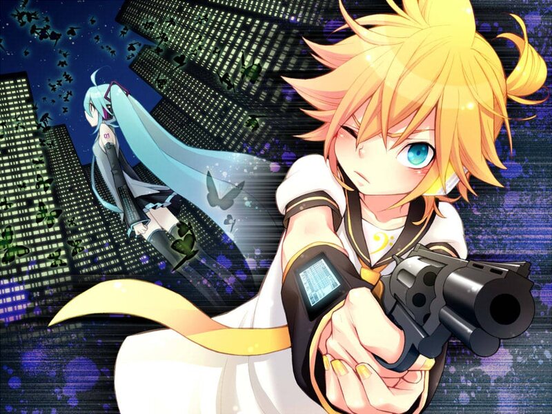 Vocaloid characters in city scene