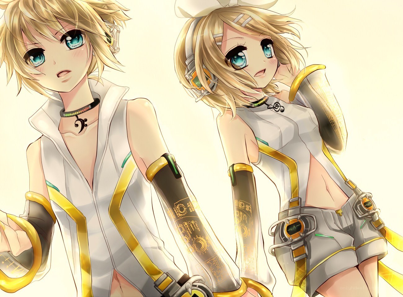 Vocaloid characters in futuristic attire
