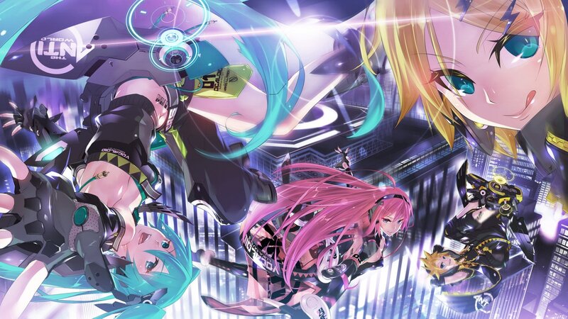 Vocaloid characters in futuristic city