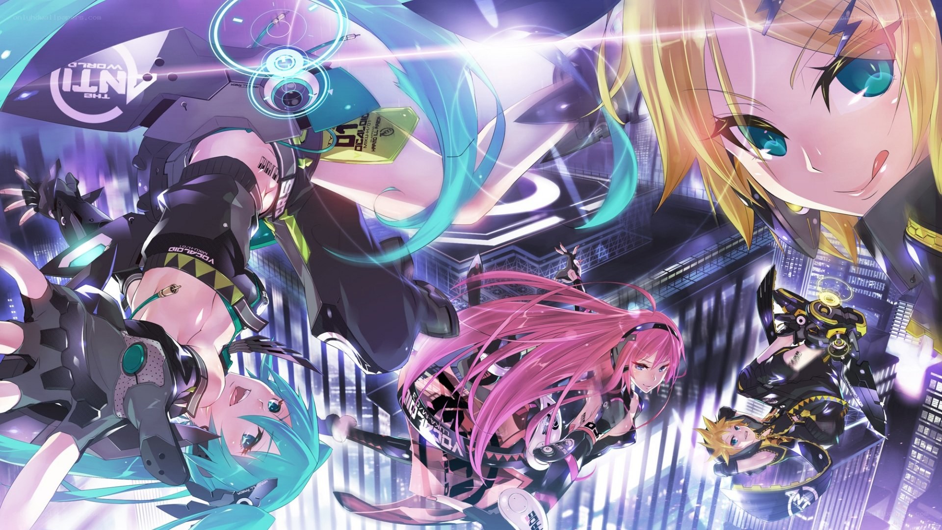 Vocaloid characters in futuristic city