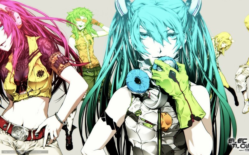 Vocaloid characters in futuristic outfits