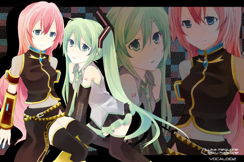 Vocaloid characters in performance outfits