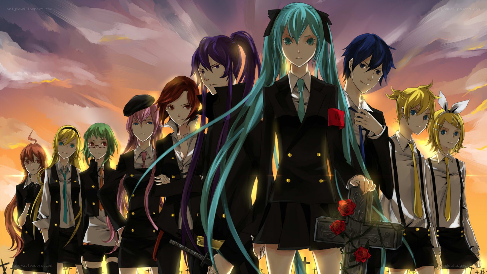 Vocaloid characters in school uniforms
