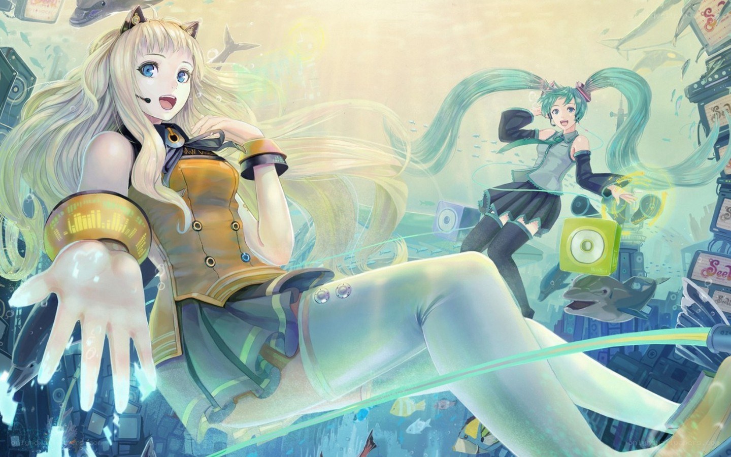 Vocaloid characters in underwater scene
