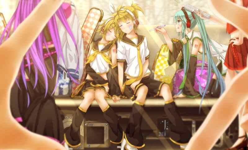 Vocaloid characters on a bench