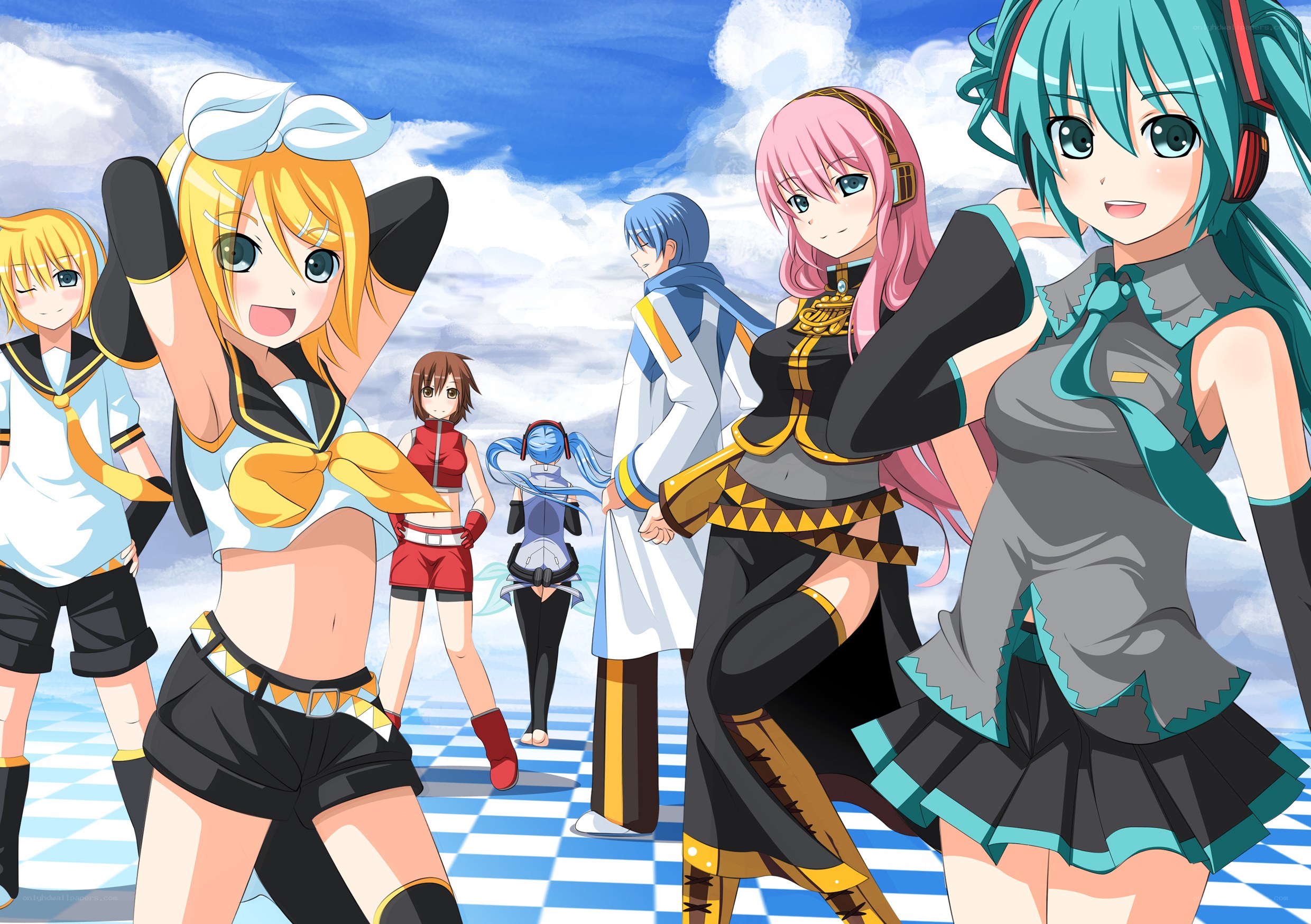 Vocaloid characters on a checkered stage