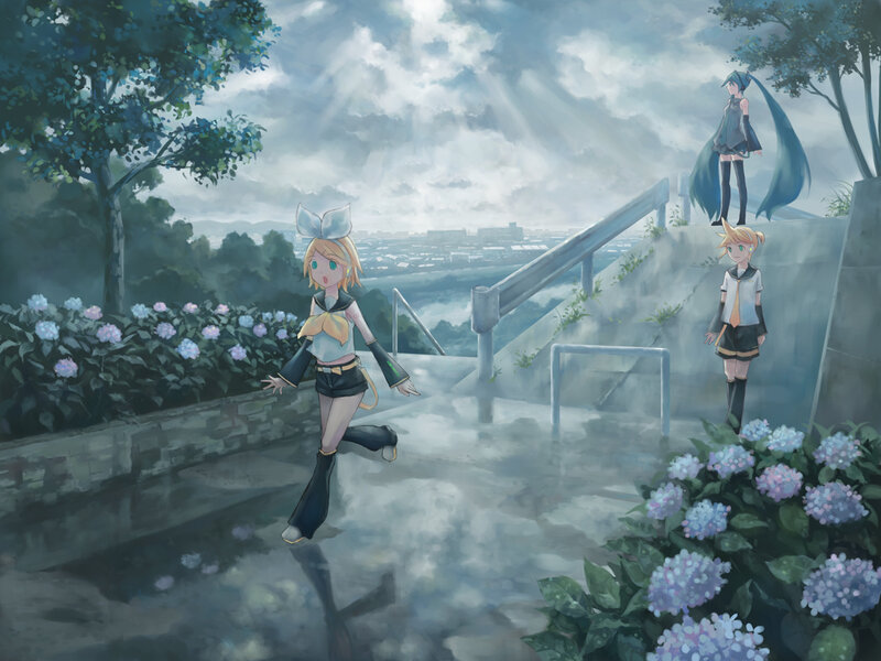 Vocaloid characters on a rainy day