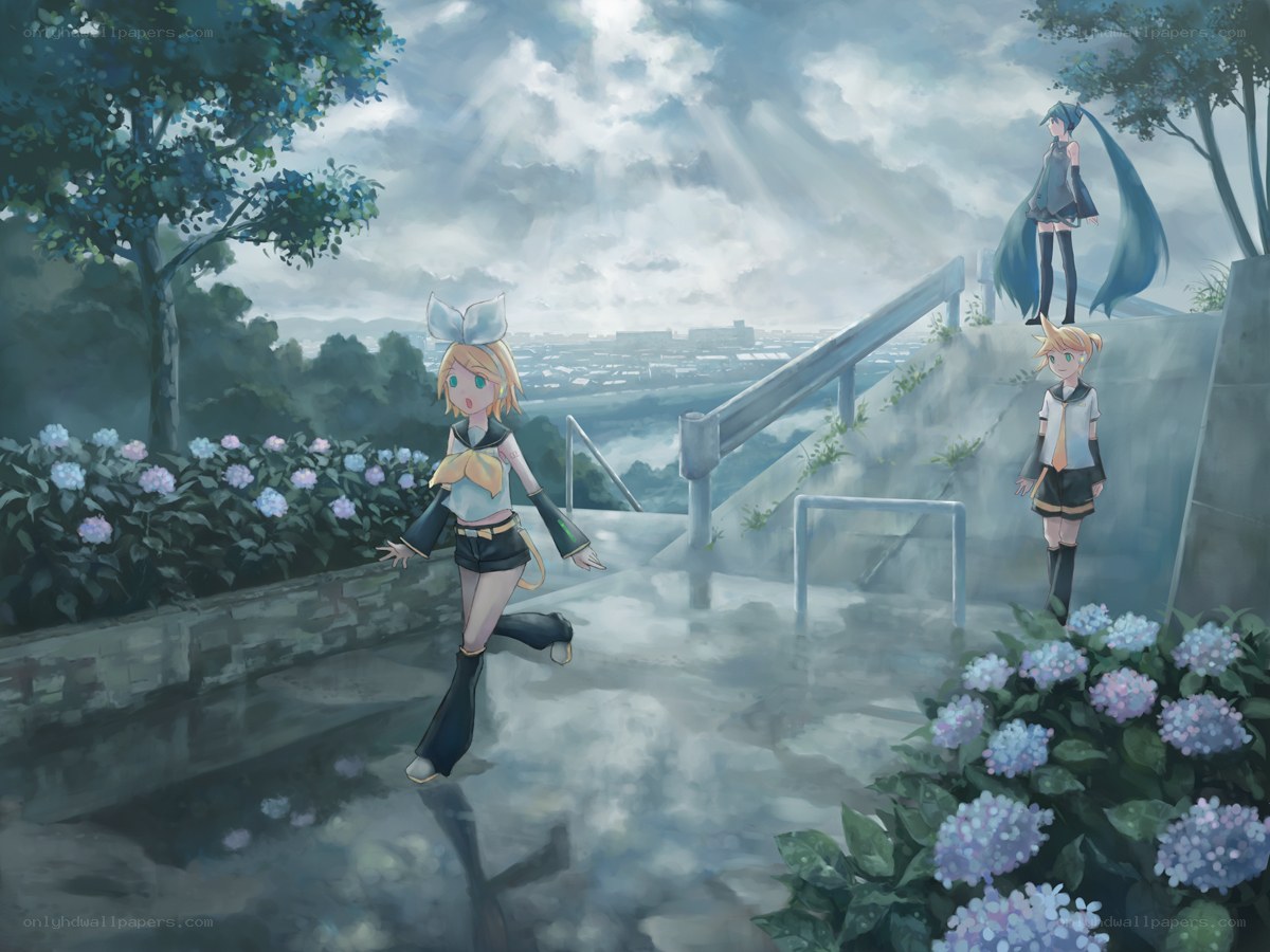 Vocaloid characters on a rainy day