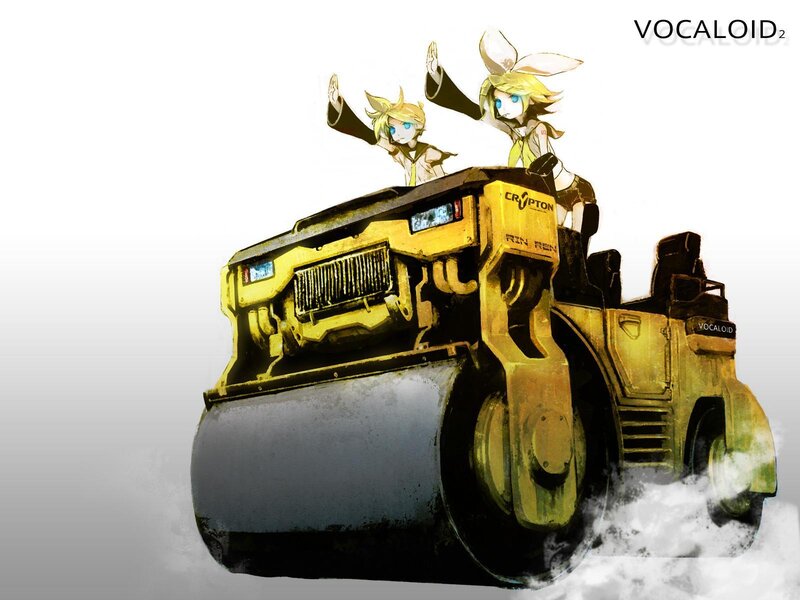 Vocaloid characters on a steamroller