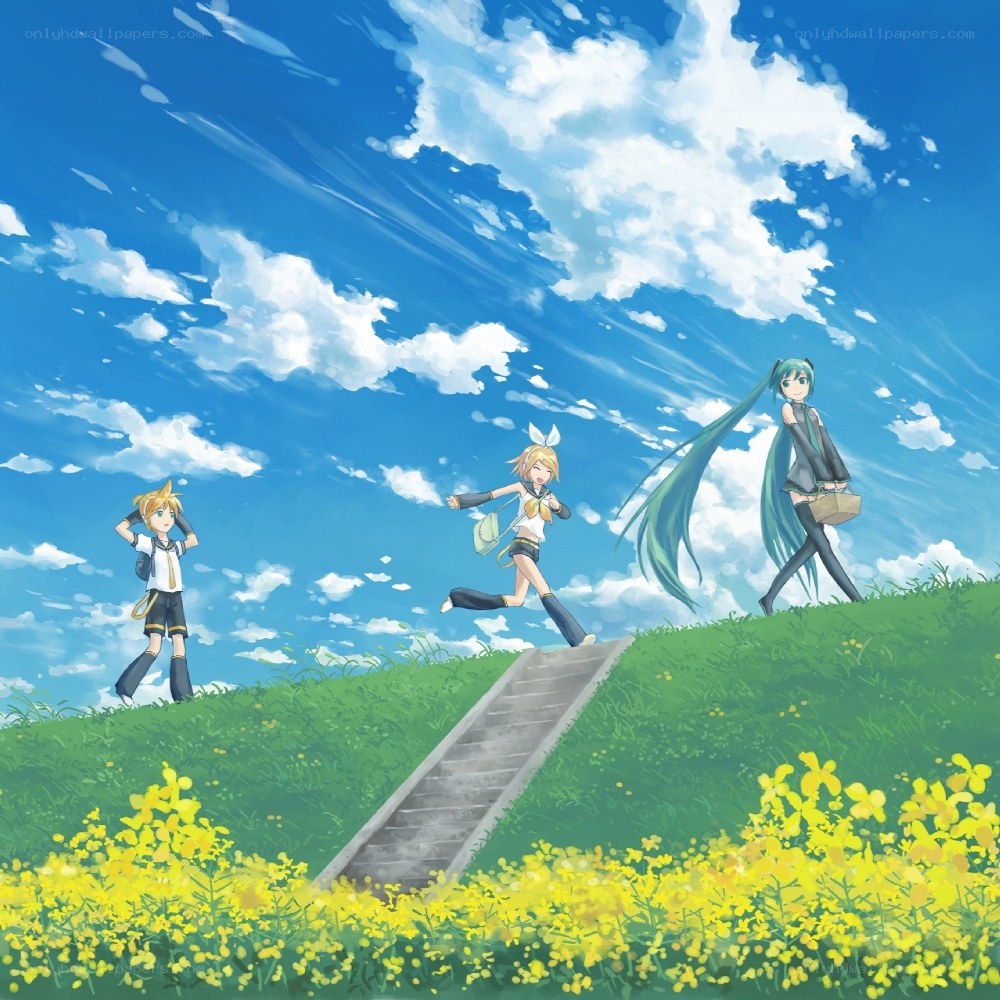 Vocaloid characters on a sunny hill