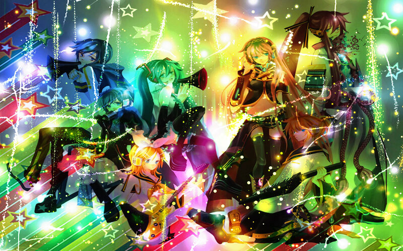 Vocaloid characters performing on stage