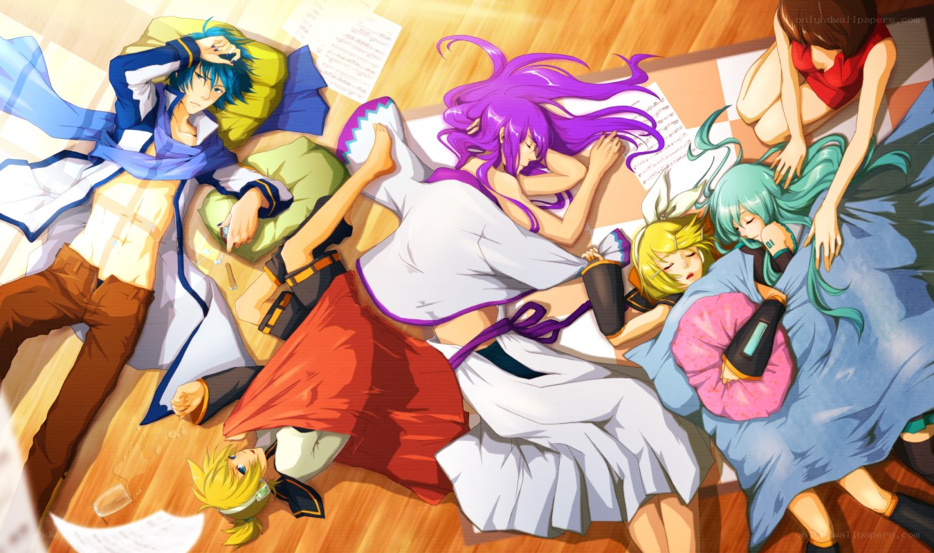 Vocaloid characters sleeping on floor