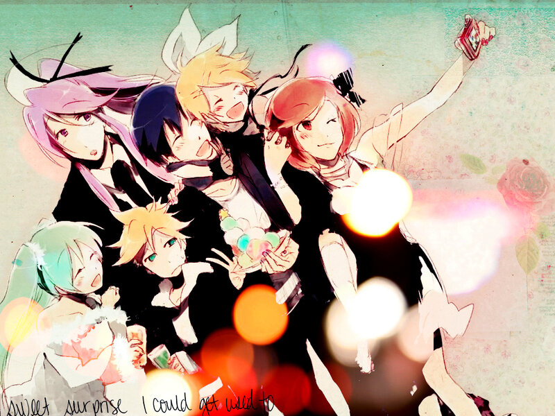 Vocaloid characters taking a selfie