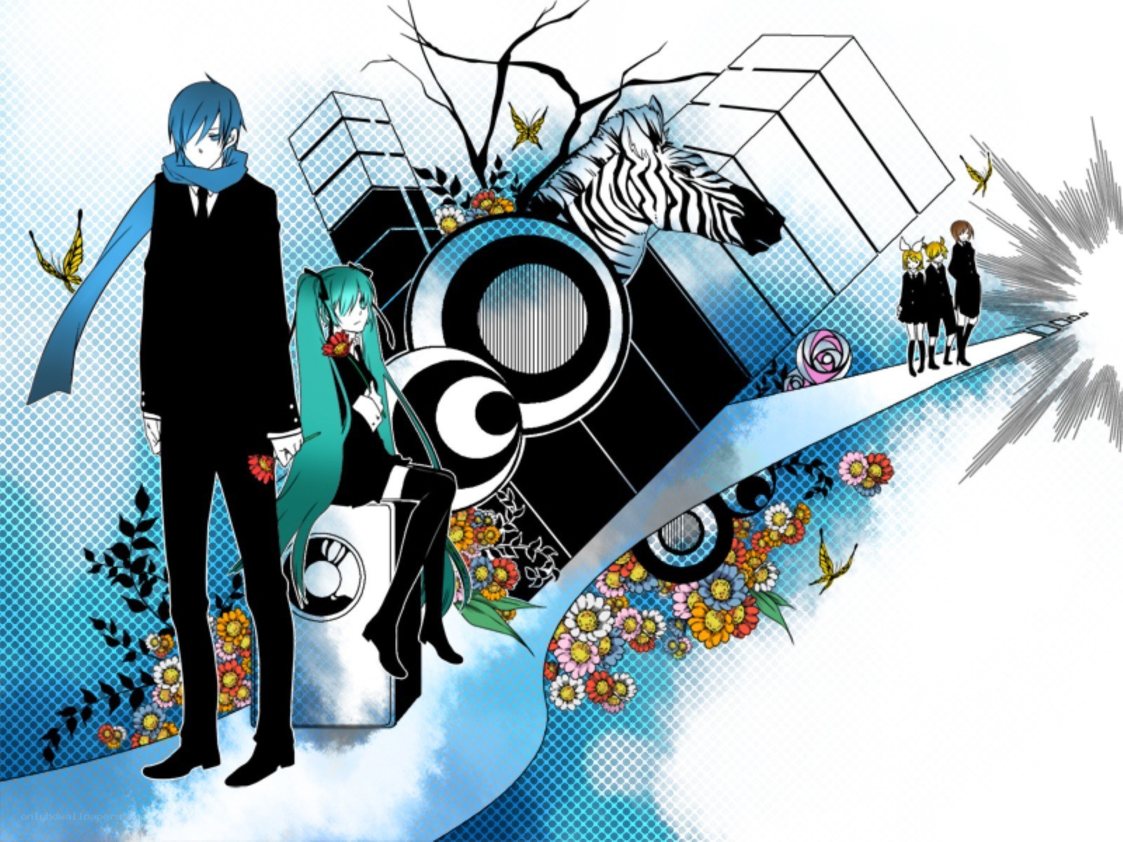 Vocaloid characters with zebra and flowers