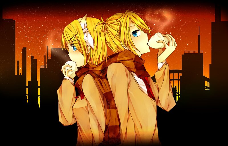 Vocaloid duo in cityscape