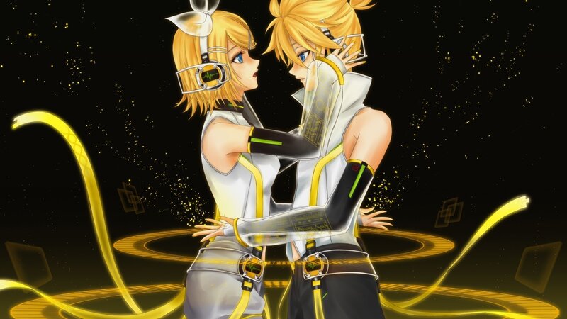 Vocaloid duo in futuristic embrace