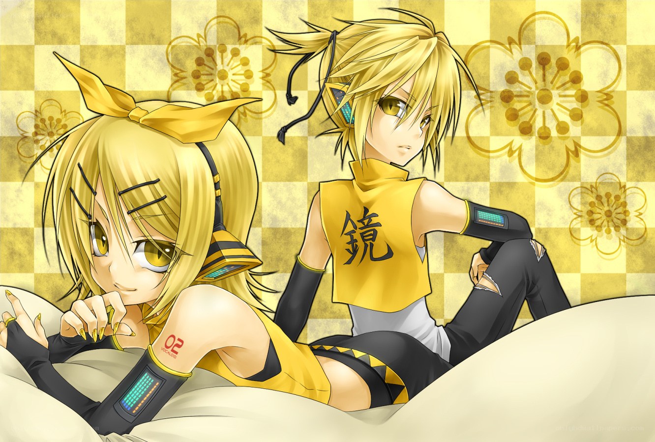 Vocaloid duo on a bed