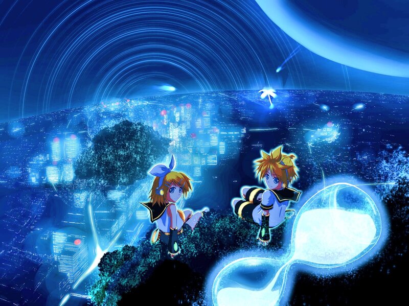 Vocaloid duo over a city