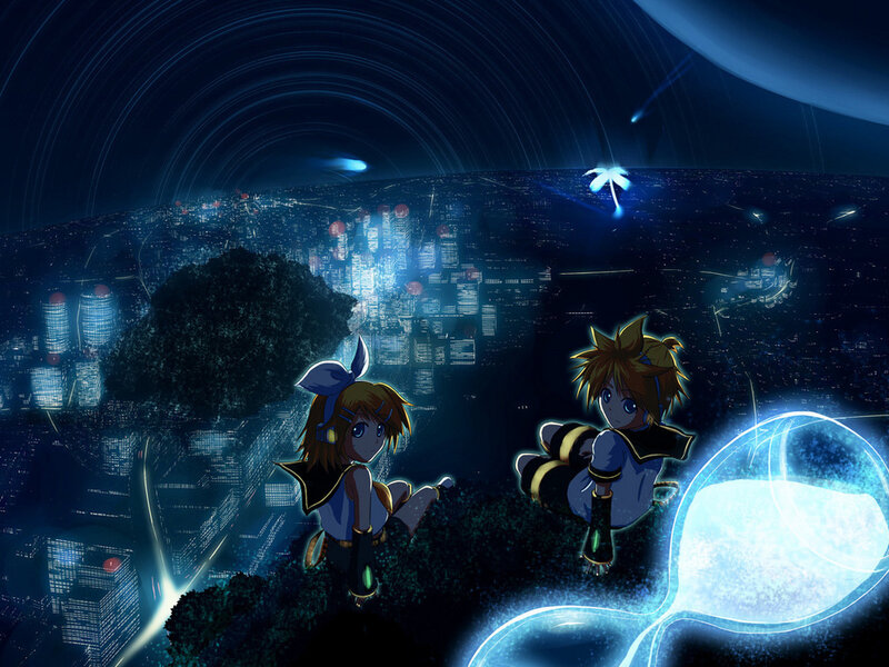 Vocaloid duo over cityscape