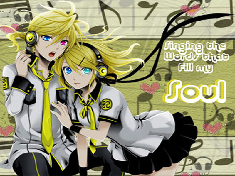 Vocaloid duo singing on sheet music