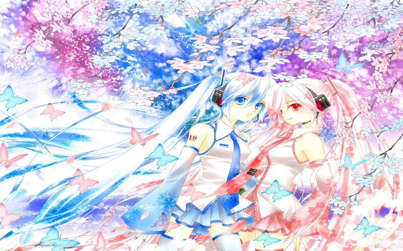 Vocaloid duo under cherry blossoms