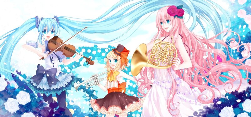 Vocaloid musicians in a floral garden