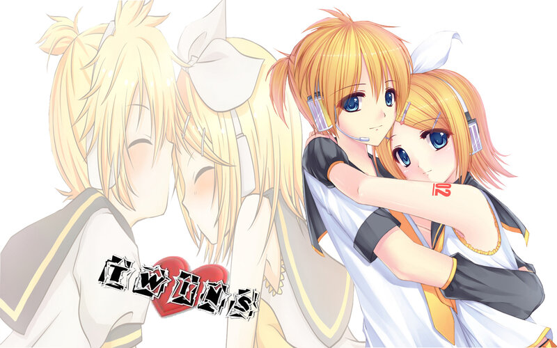 Vocaloid twins hugging