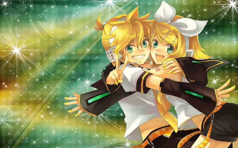 Vocaloid twins hugging