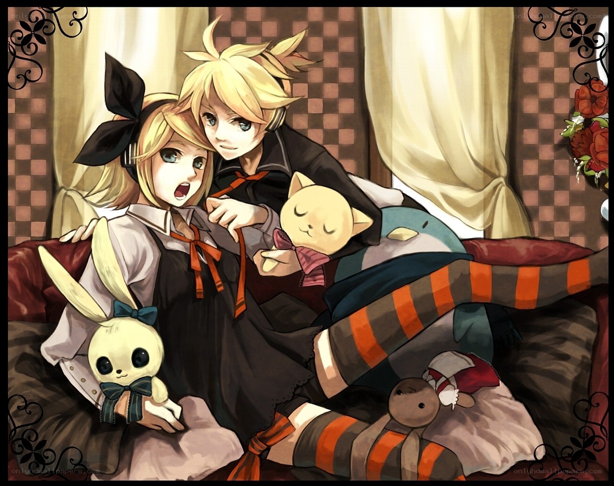 Vocaloid twins with stuffed animals