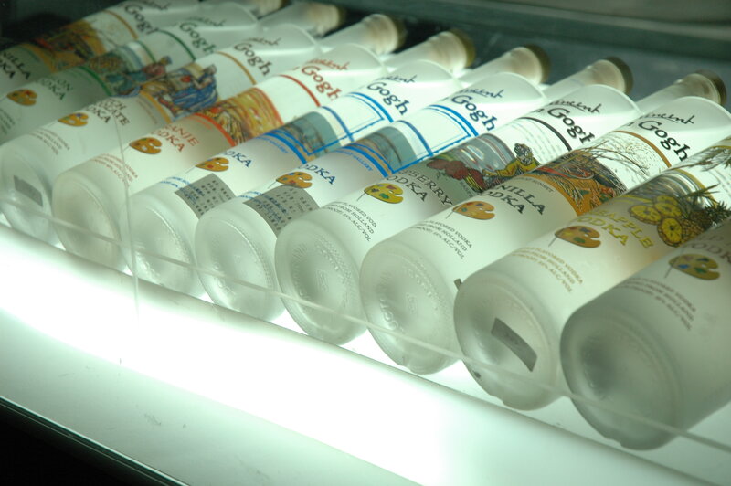 Vodka bottles in display case