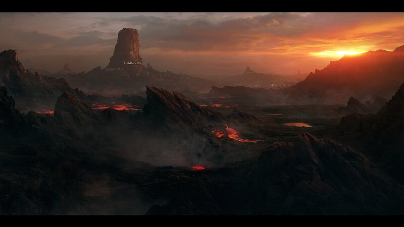 volcanic alien landscape at sunset