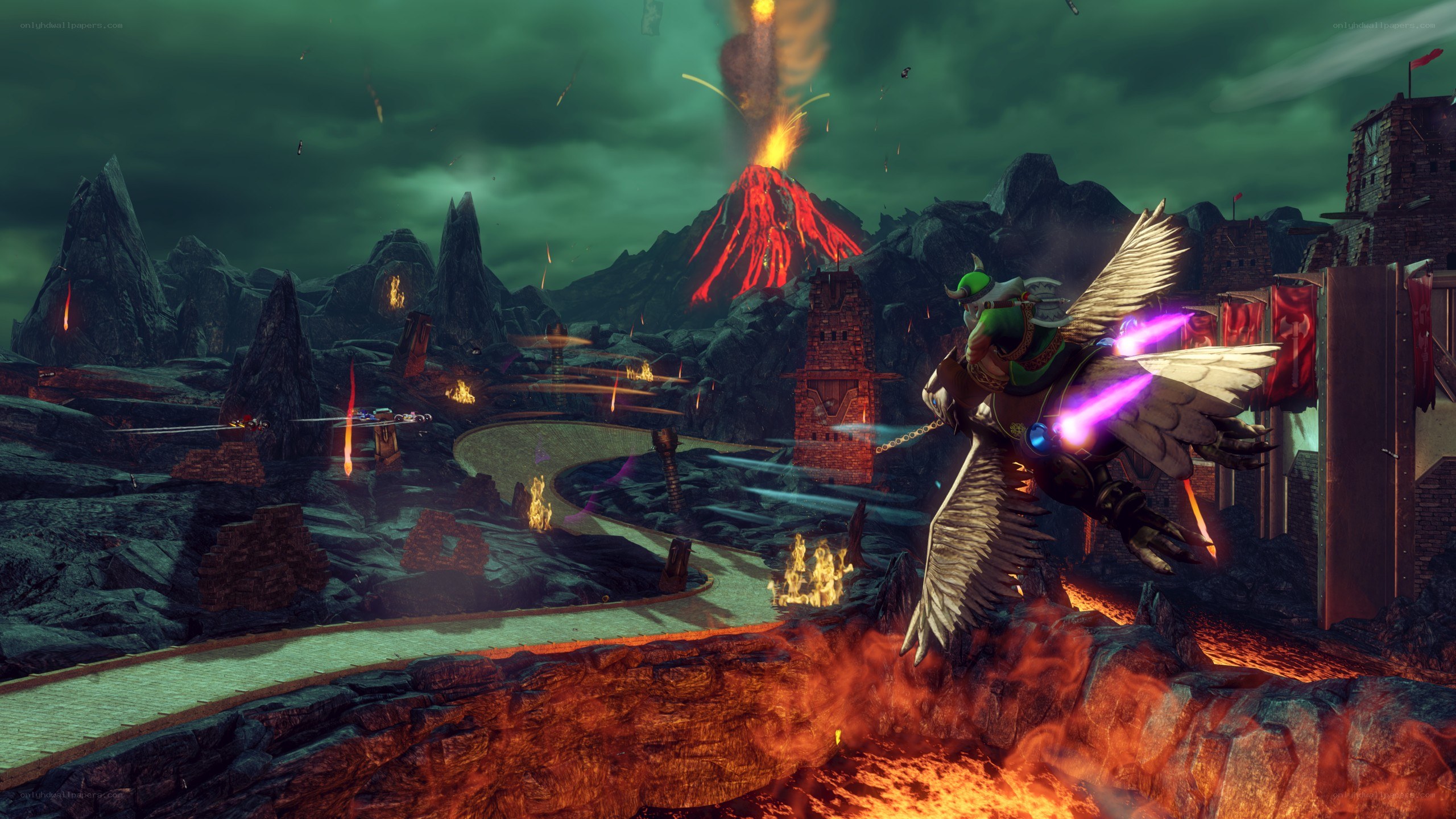 Volcanic battlefield with winged warrior