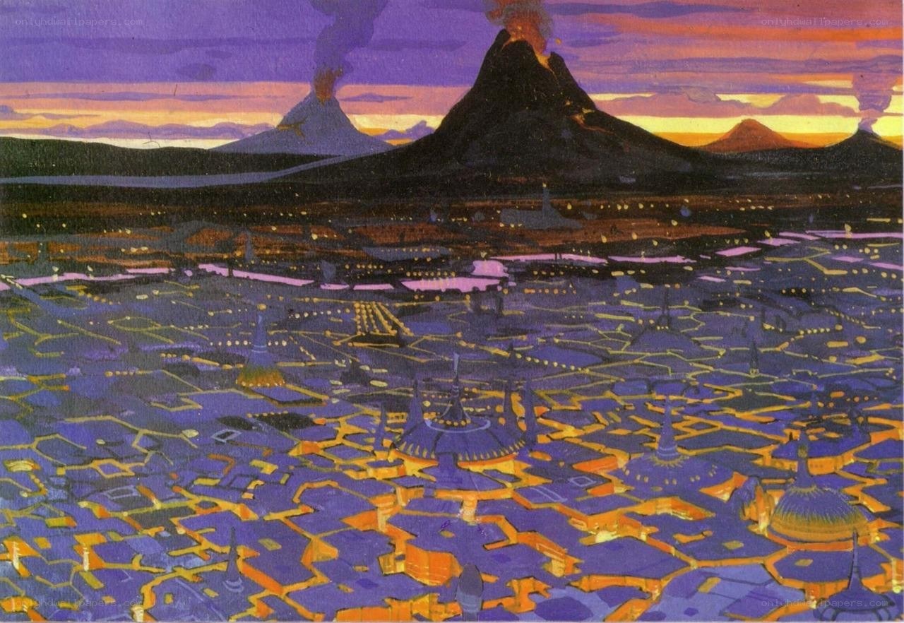 Volcanic city at sunset