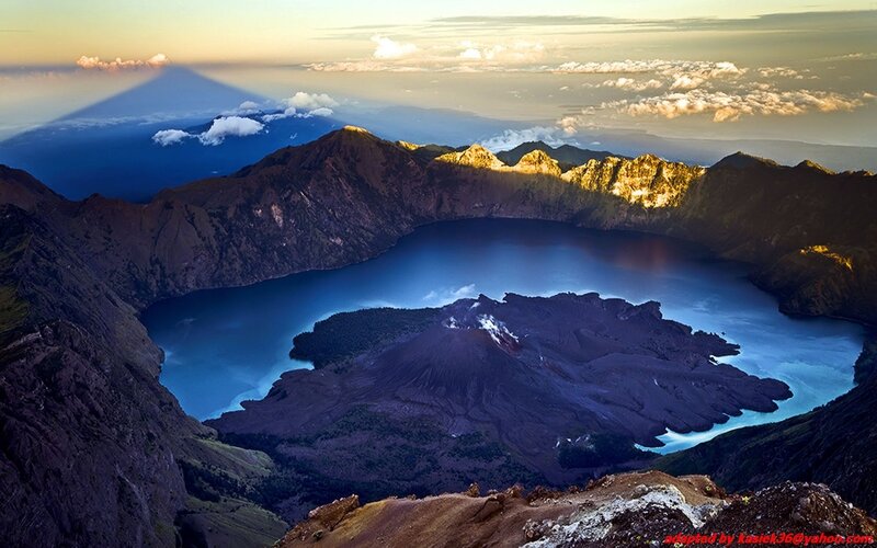 volcanic crater lake at sunrise