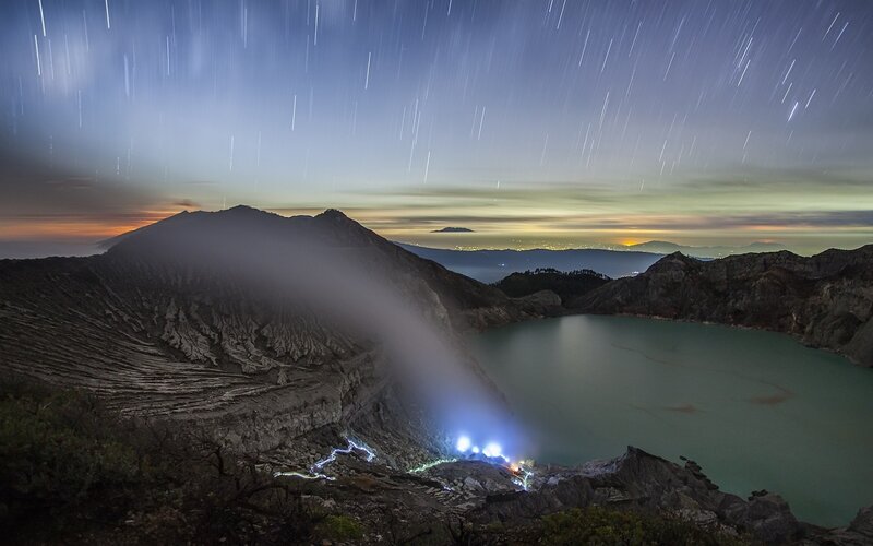 Volcanic Crater Lake — Blue, Dramatic, Night