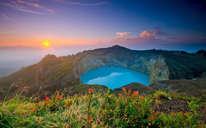 Volcanic Crater Lake — Blue, Serene, Sunrise, Photograph