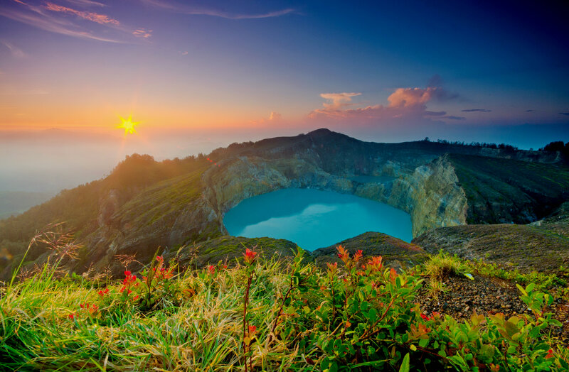 Volcanic Crater Lake — Blue, Serene, Sunrise