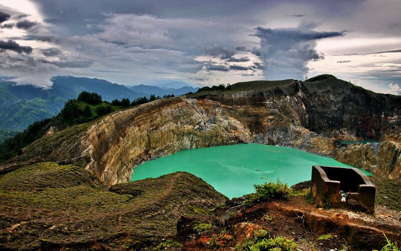 Volcanic Crater Lake — Green, Dramatic, Photograph