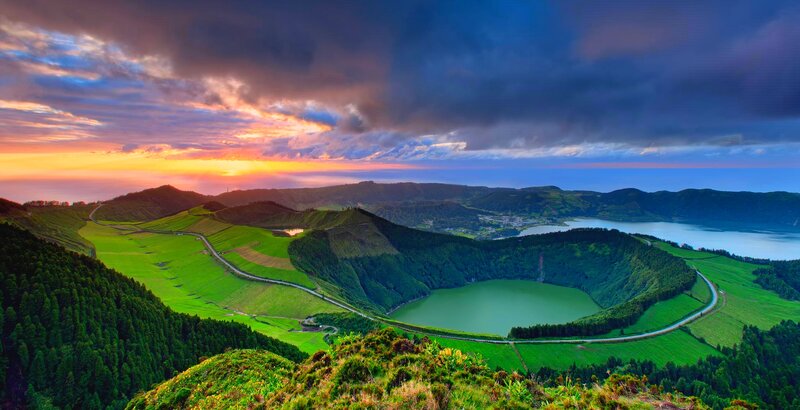 Volcanic Crater Lake — Green, Dramatic, Sunset