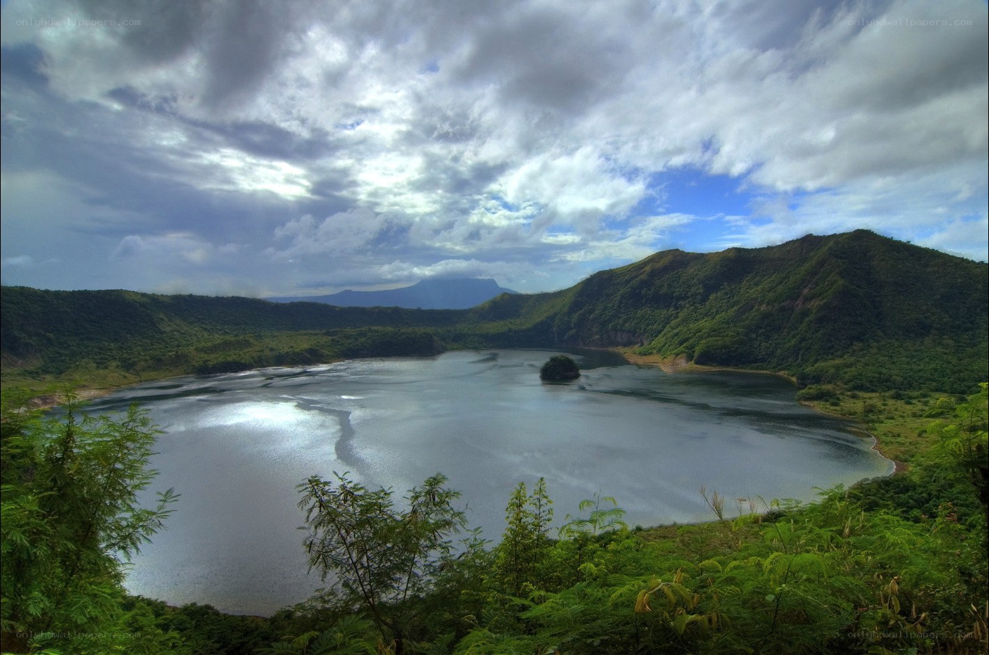 volcanic crater lake with island