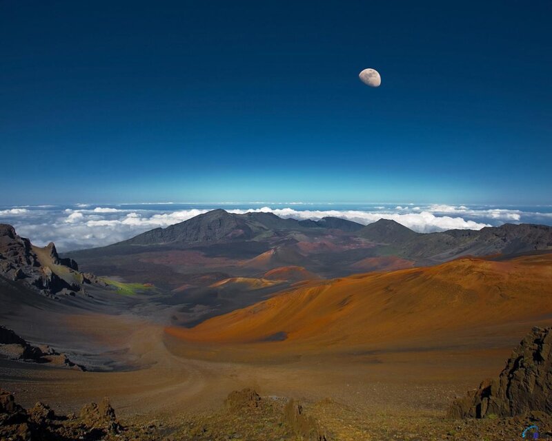 Volcanic Crater Landscape — Blue, Serene, Morning